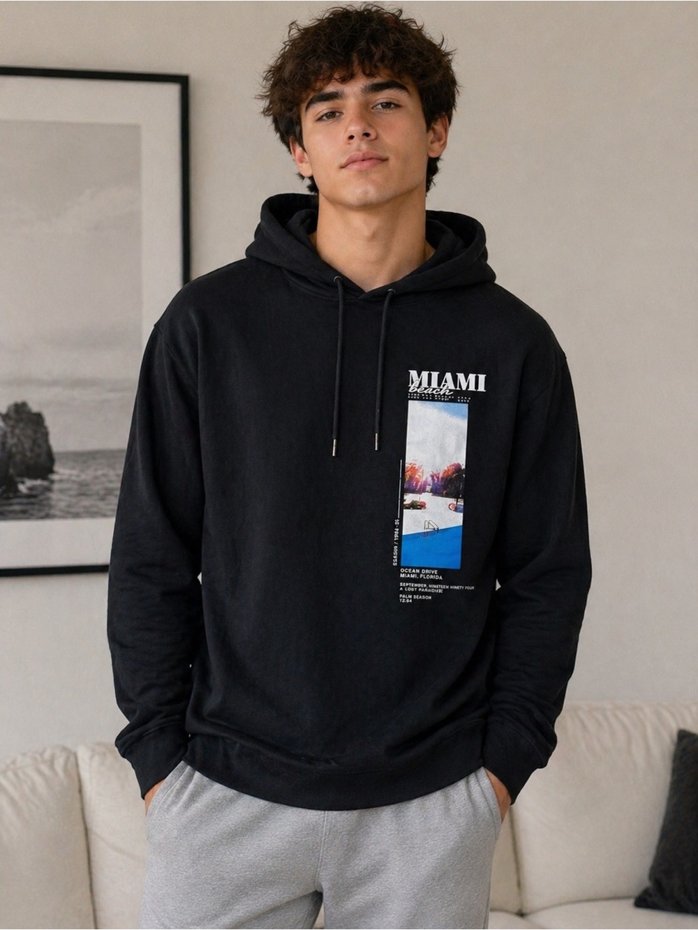 Denim & Flower Miami Black Pullover Hoodie with Vertical Photo Graphic medium